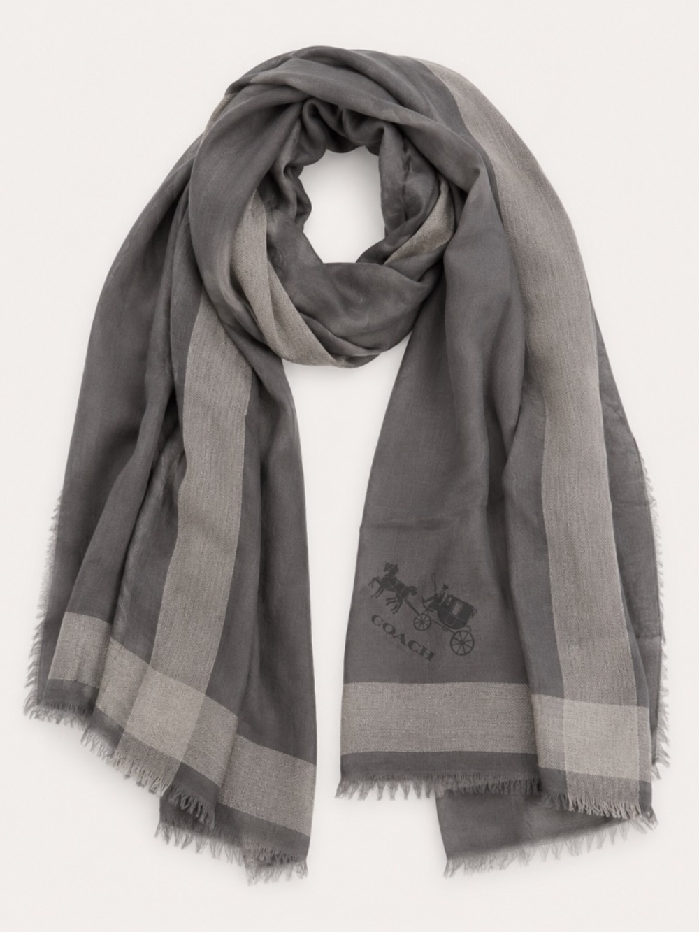 Coach Grey Lightweight Scarf with Logo & Fringe – Used